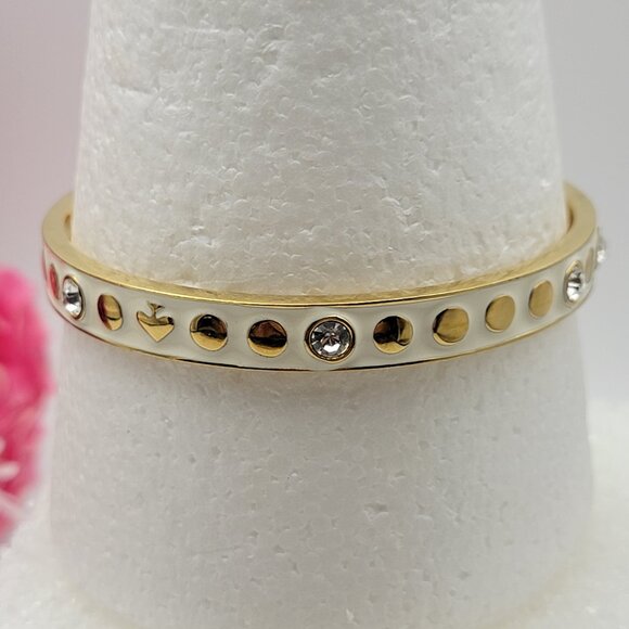 Kate Spade NY Bangle Bracelet Gold Tone White Enamel Crystal Charm 8" - Picture 6 of 11